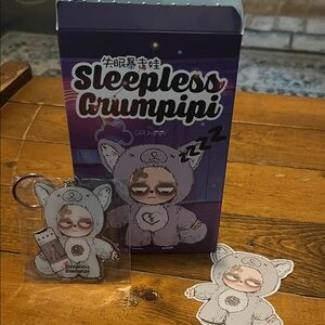 Sleepless Grumpipi Keychain and Sticker Set